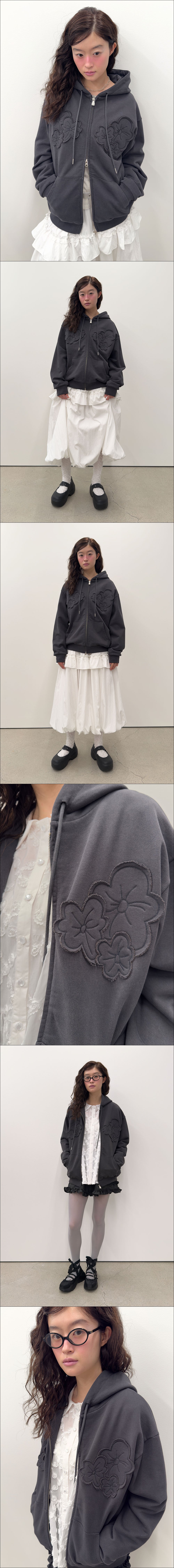 Flower Appliqué Zip Hoodie (Charcoal)