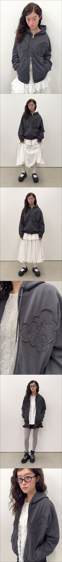 Flower Appliqué Zip Hoodie (Charcoal)