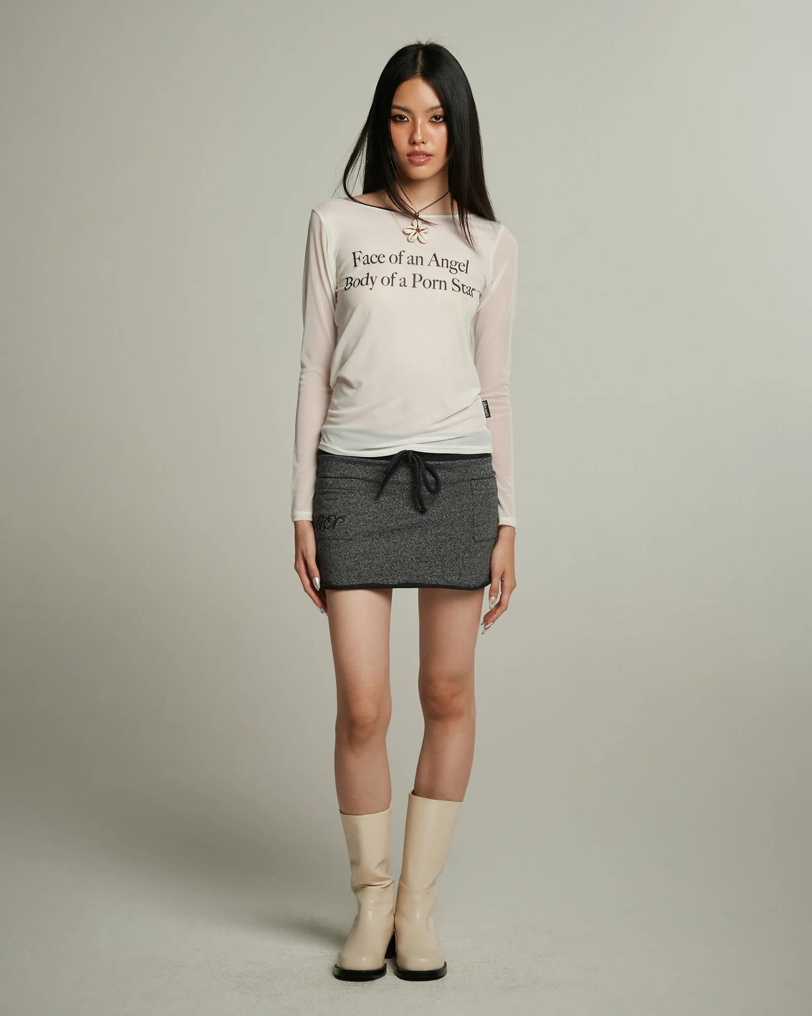 Long Sleeve Mesh Top (White)