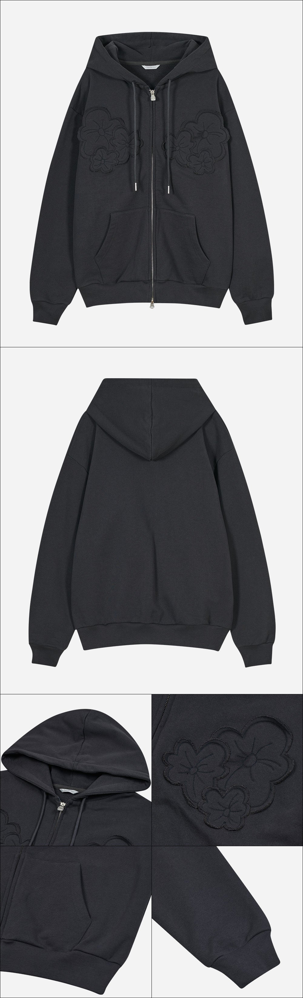 Flower Appliqué Zip Hoodie (Charcoal)