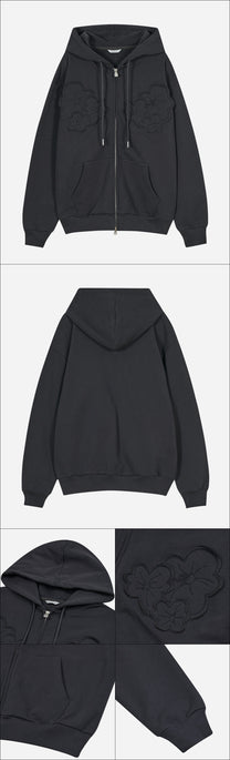 Flower Appliqué Zip Hoodie (Charcoal)