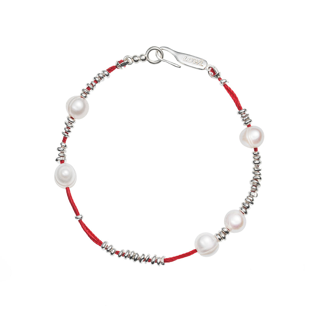 Red Thread Silver Pearl Bracelet