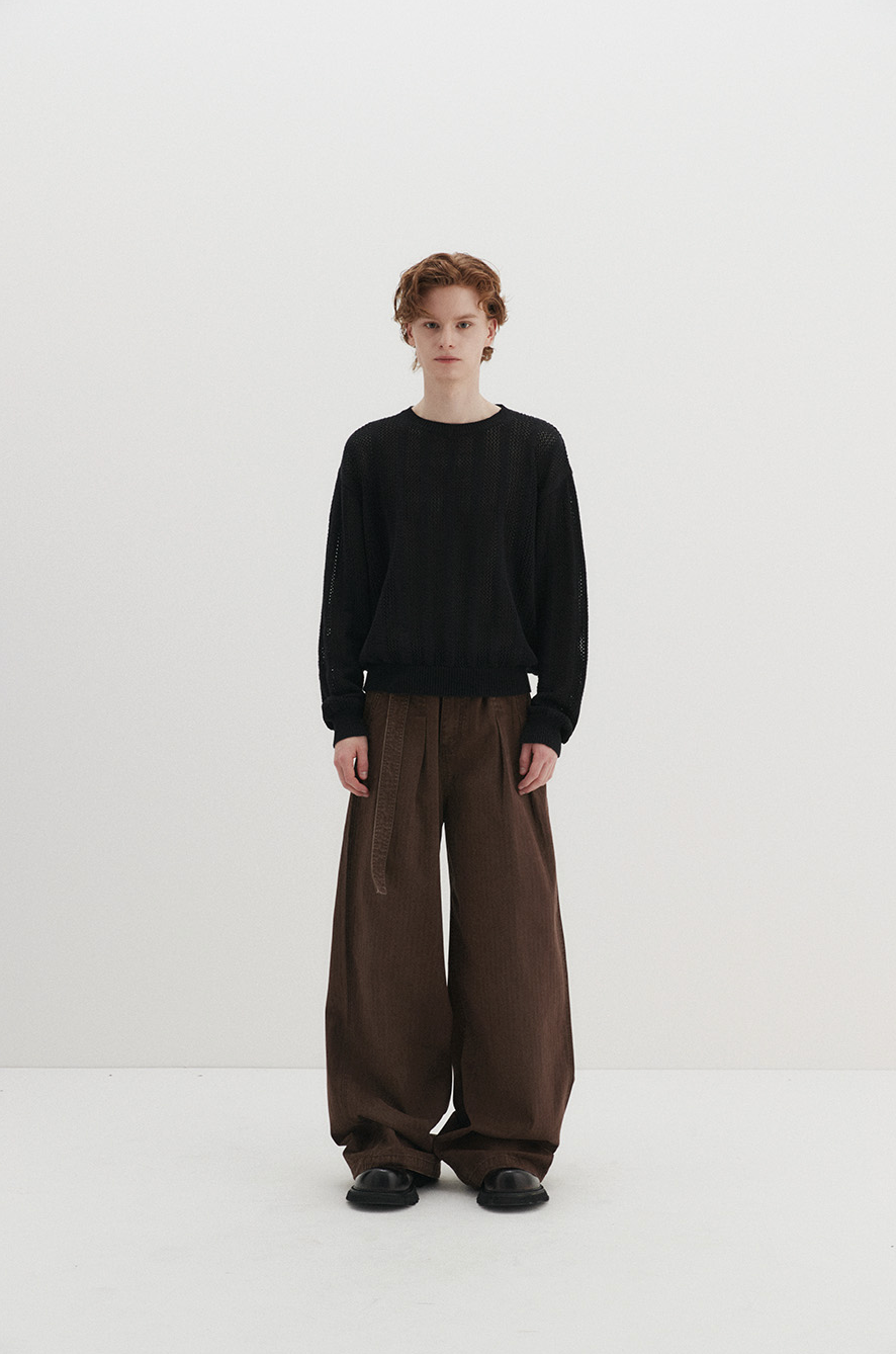Belted Herringbone Pants (Brown)