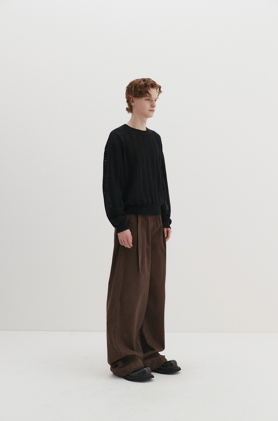 Belted Herringbone Pants (Brown)