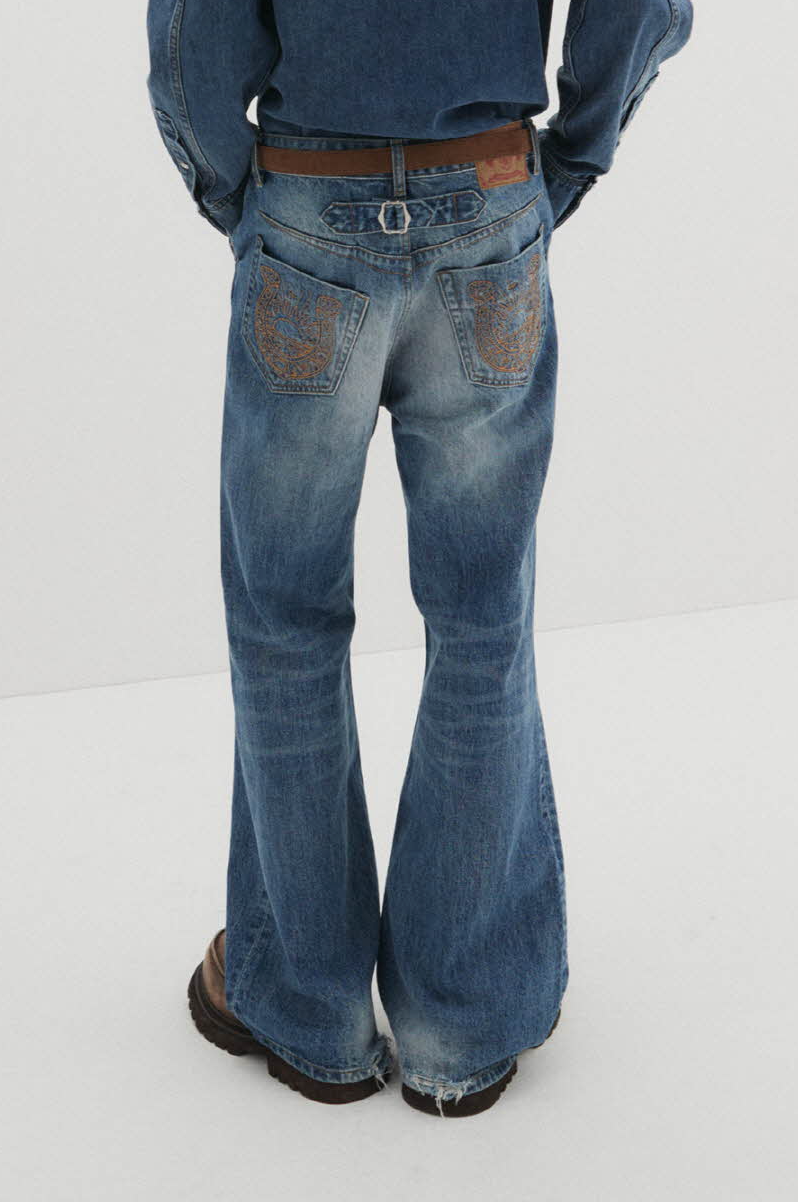 Western Flare Denim Pants (Blue)