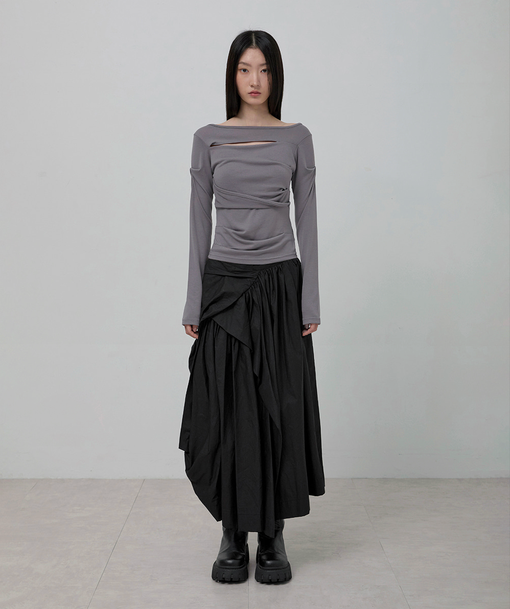 Asymmetrical Draped Layered Long Skirt (Black)