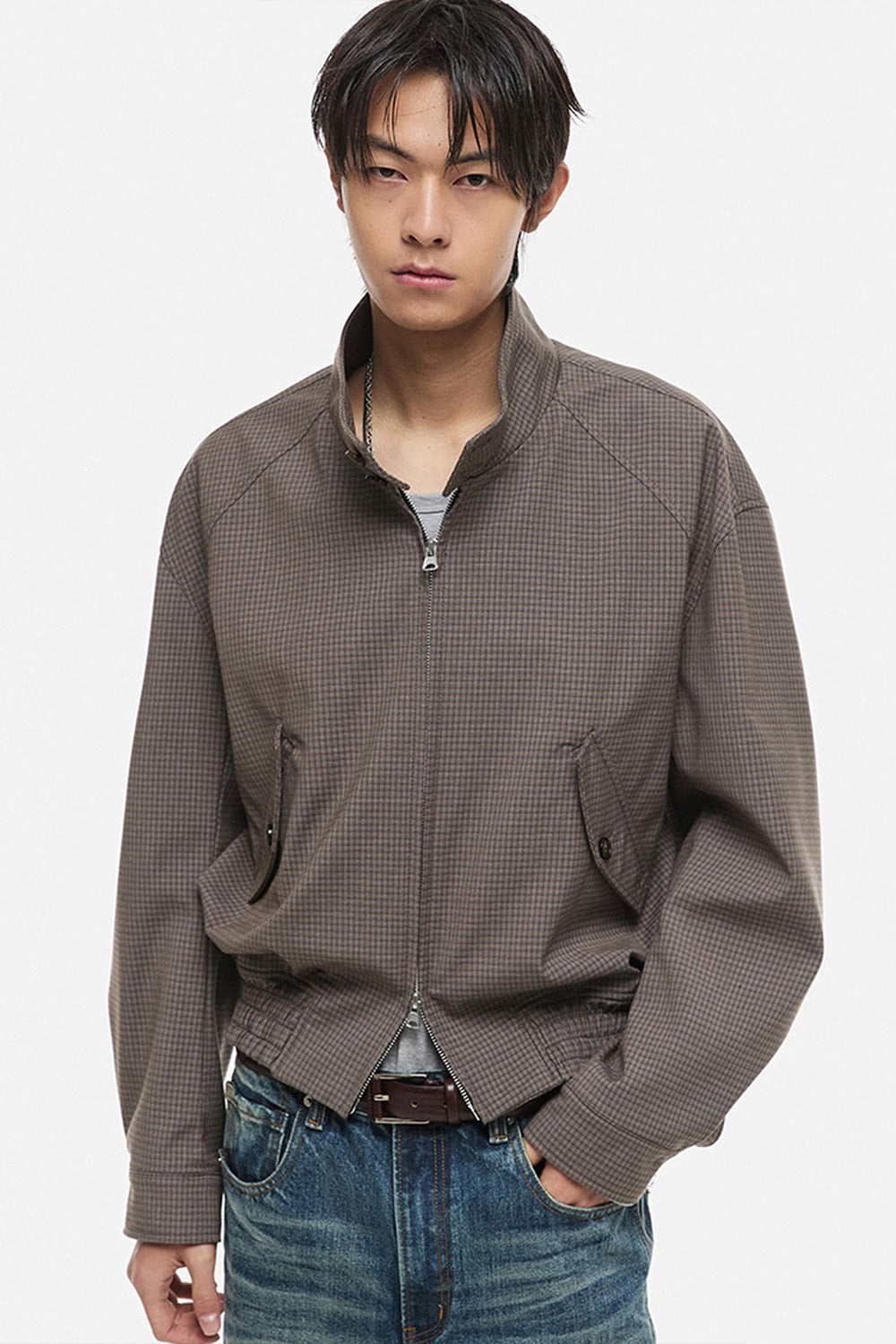 Crop Check Harrington Jacket Brown