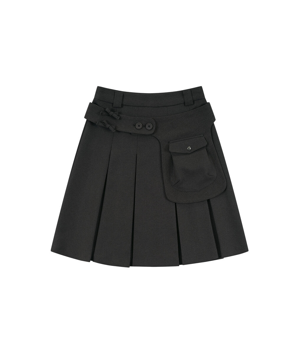 Ribbon Preppy Pleated Skirt (Charcoal)