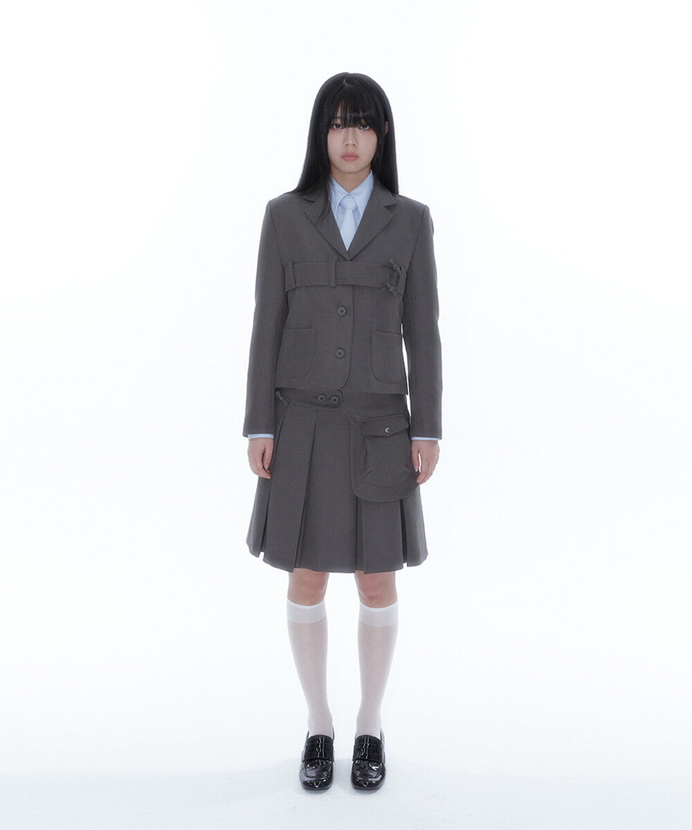 Ribbon Preppy Pleated Skirt (Charcoal)
