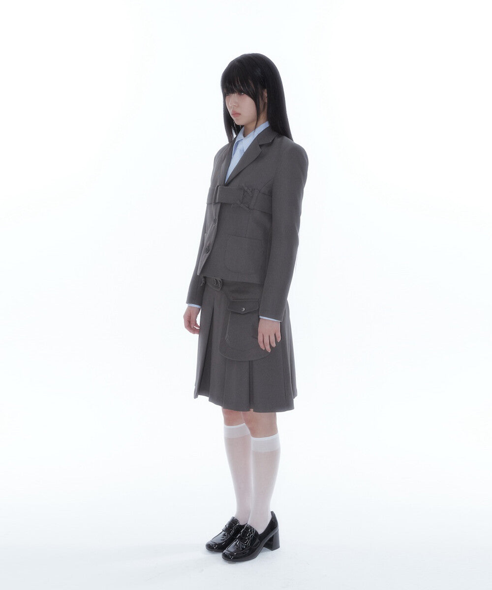 Ribbon Preppy Pleated Skirt (Charcoal)