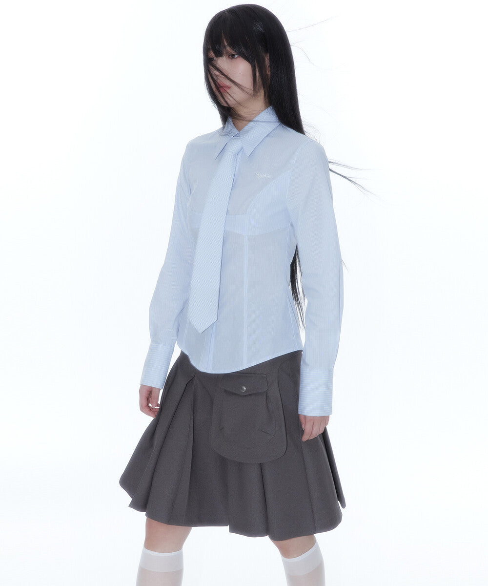 Ribbon Preppy Pleated Skirt (Charcoal)
