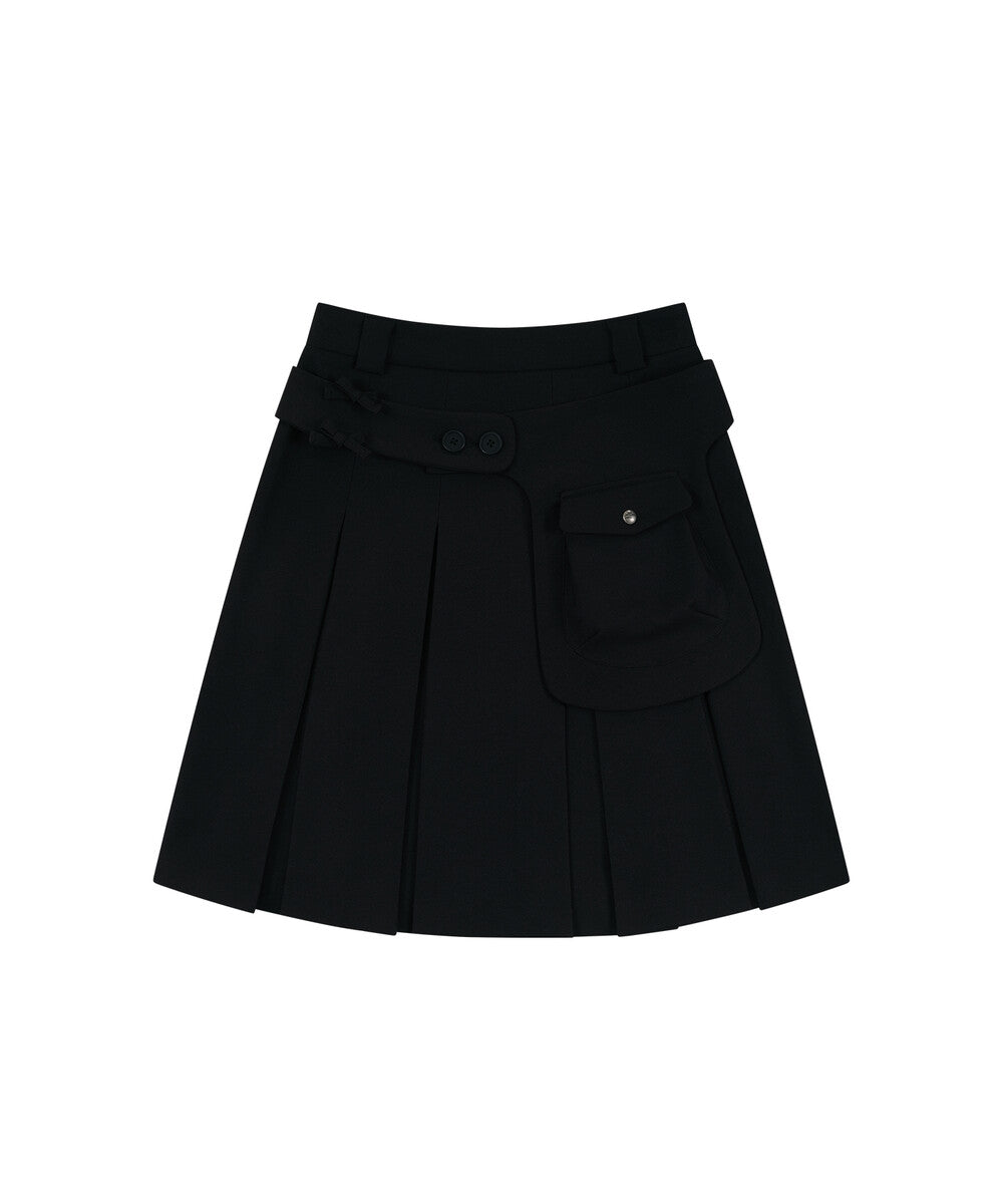 Ribbon Preppy Pleated Skirt (Black)