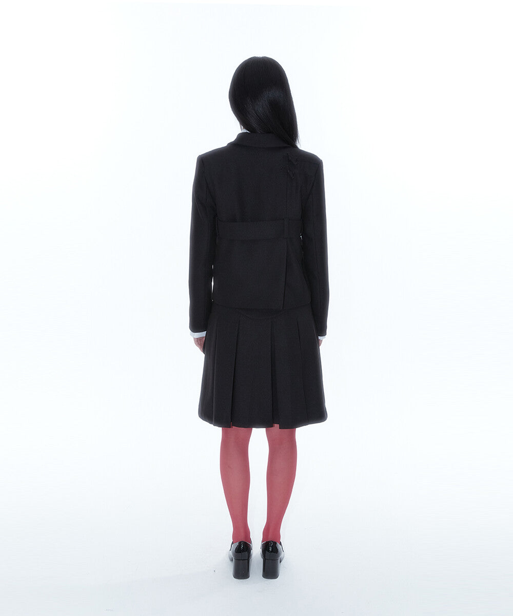 Ribbon Preppy Pleated Skirt (Black)