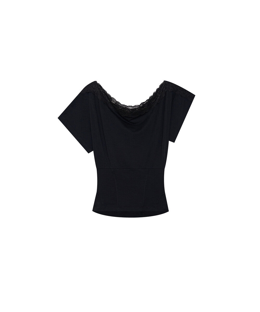 Lace One Shoulder Corset Tee Black